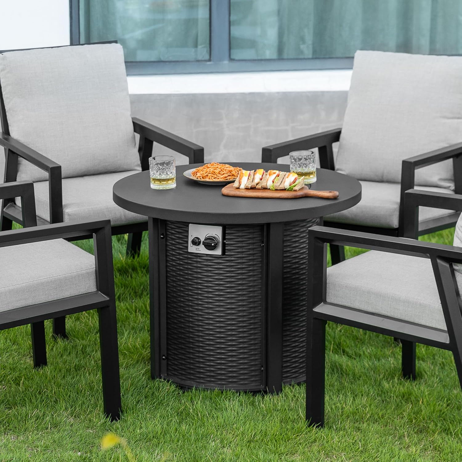 Nuu Garden 30'' Outdoor Round Propane Fire Pit Table, CSA-Certified 2-in-1 Gas Fire Pit with Rattan-Embossed Metal Frame, Stainless Steel Burner, Lid & Lava Rocks, for Patio Dining & Party, Black