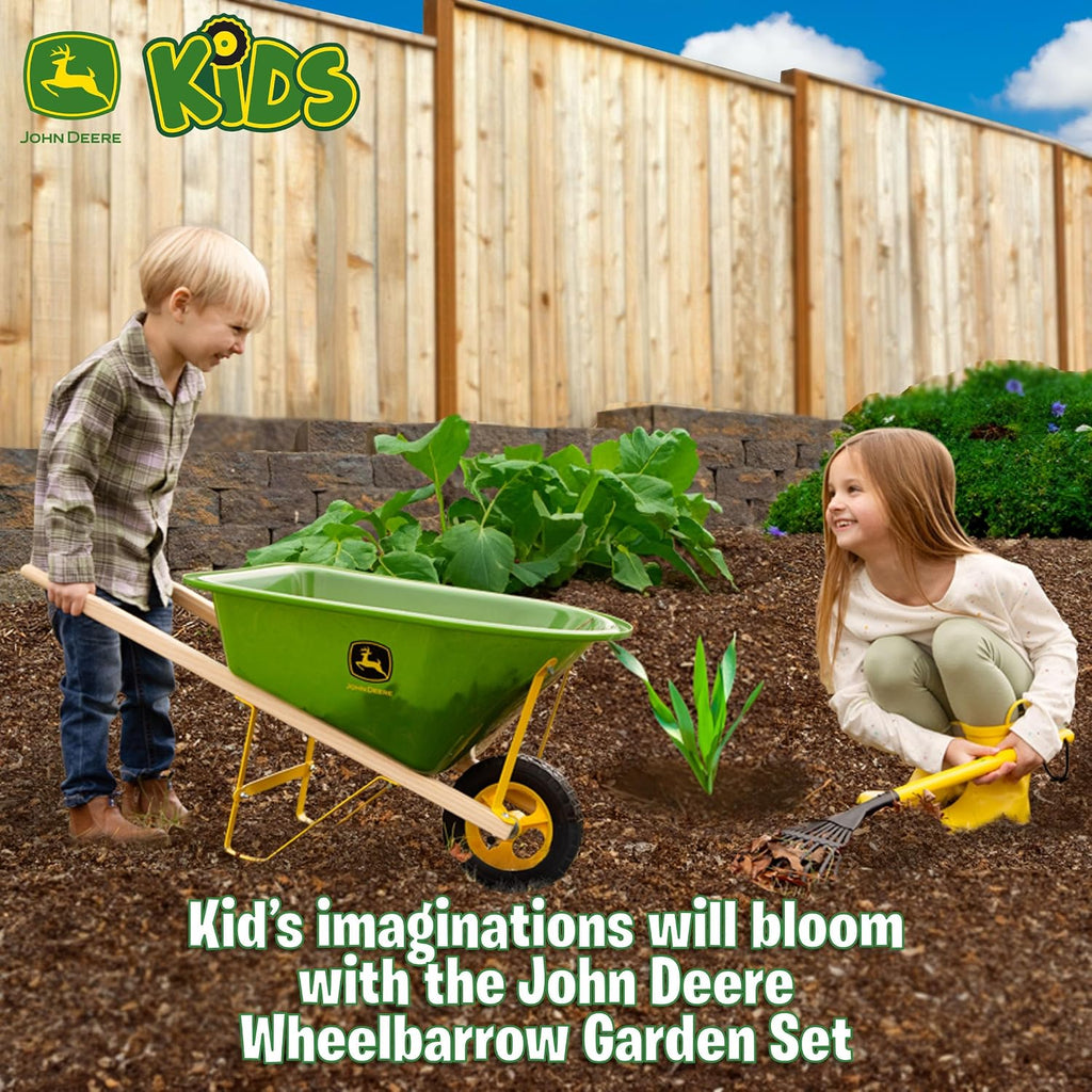 John Deere Deluxe 34' Wheelbarrow and Garden Set Includes 5 Realistic Gardening Tools,Gardening Apron, Gardening Gloves, Large Metal Wheelbarrow with Wooden Handles, Outdoor Toy Ages 5+