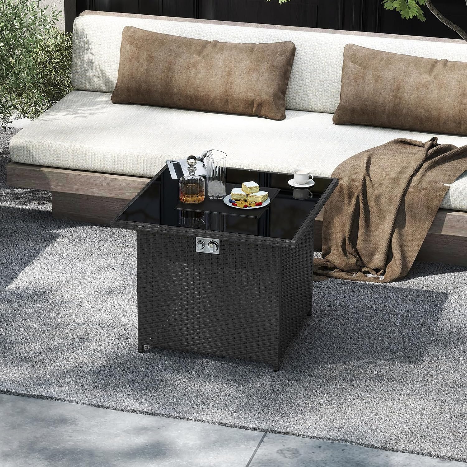 Tangkula 32.5 Inch Propane Fire Pit Table, Outdoor Rattan Gas Firepit with Tempered Glass Tabletop & Stainless Steel Burner, Square Fire Pit with Lava Rocks & Protective Cover for Outside Patio