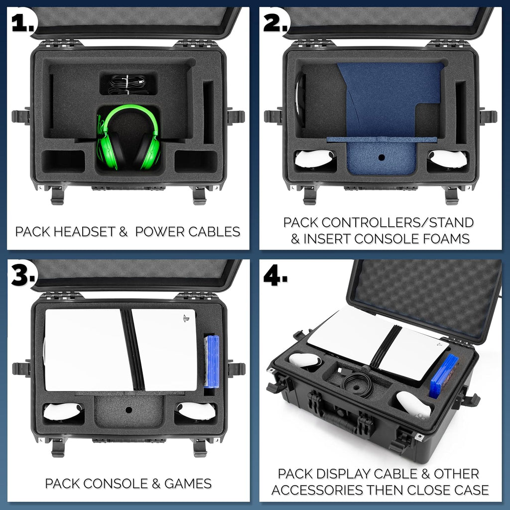 CASEMATIX Travel Case Compatible With PlayStation 5 Pro & PS5 Pro Disc Drive - Hard Shell Waterproof Case with Custom Foam for Console, Pro Controllers, Stand, Headset, Games & Accessories (Gray Lid)