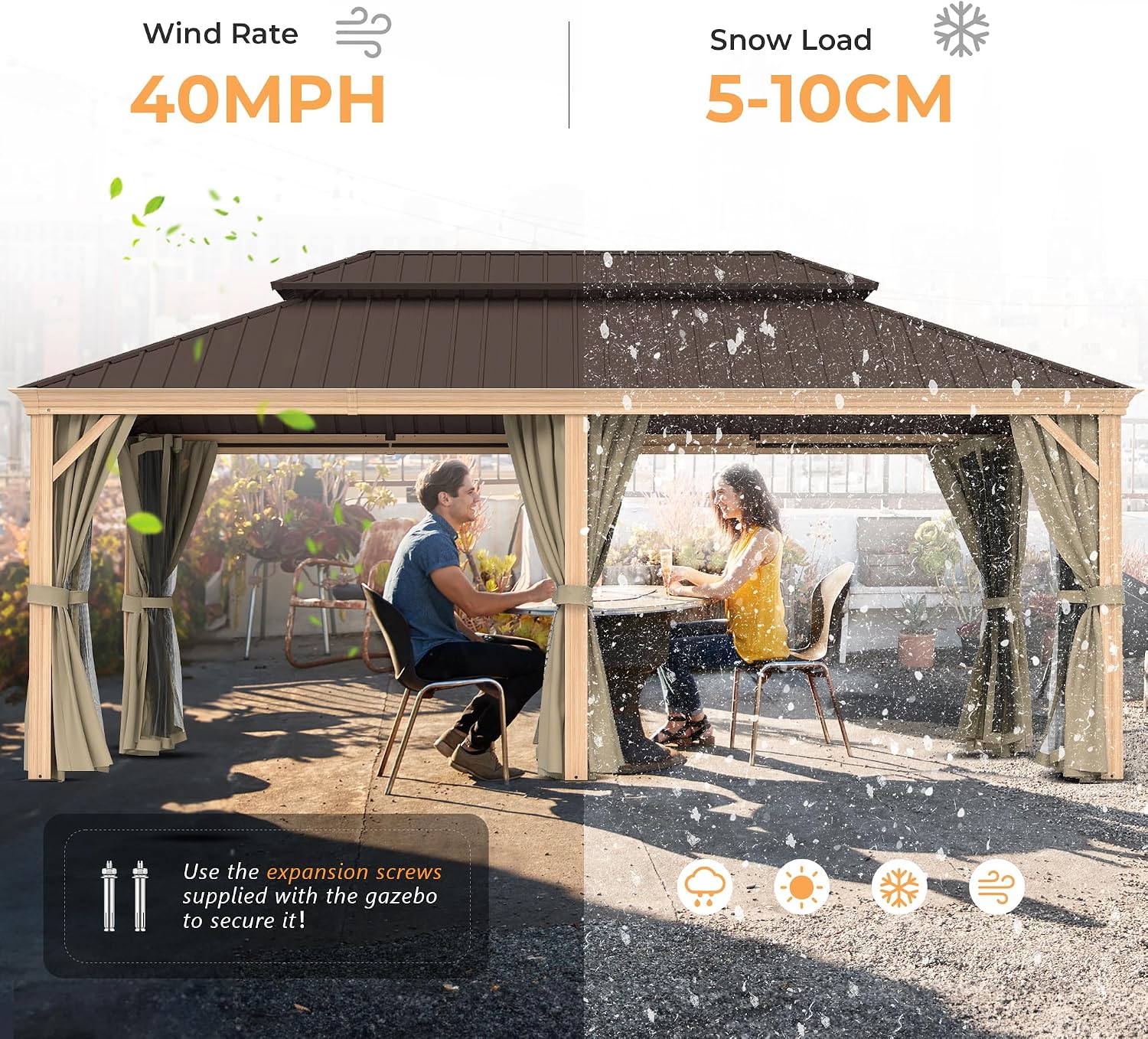 HAPPATIO 12' x 20' Hardtop Gazebo, Outdoor Wood Grain Aluminum with Galvanized Steel, Patio Double Roof Permanent Metal Gazebo Canopy with Netting and Curtains for Backyard, Patio, Deck (Brown)