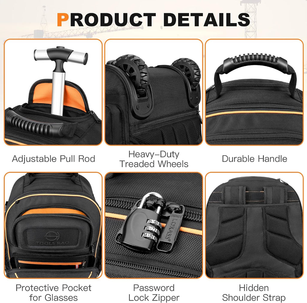 Backpack Tool Bag with Wheel, Rolling Tool Backpack for Electrician Heavy Duty Roller Tool Bag on Wheel for Construction Work, 75 Pockets & Loops Tool Backpack with Molded Base and Combination Lock