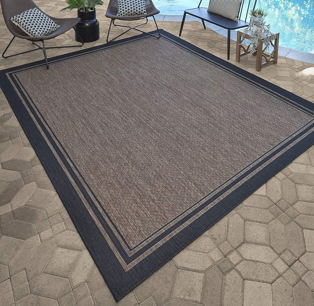 Gertmenian Indoor/Outdoor Flatweave Area Rug - 6x9 Medium, Stain & UV Resistant, Ideal for Deck, Patio, Poolside, Mudroom - Simple Border, Black Nut Brown, 22225