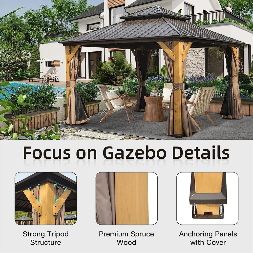 12x12Ft Hardtop Gazebo Wood Gazebo Outdoor Cedar Wood Frame with Galvanized Steel Double Roof Outdoor Permanent Metal Pavilion with Curtains and Netting for Patio Backyard Lawn, Brown