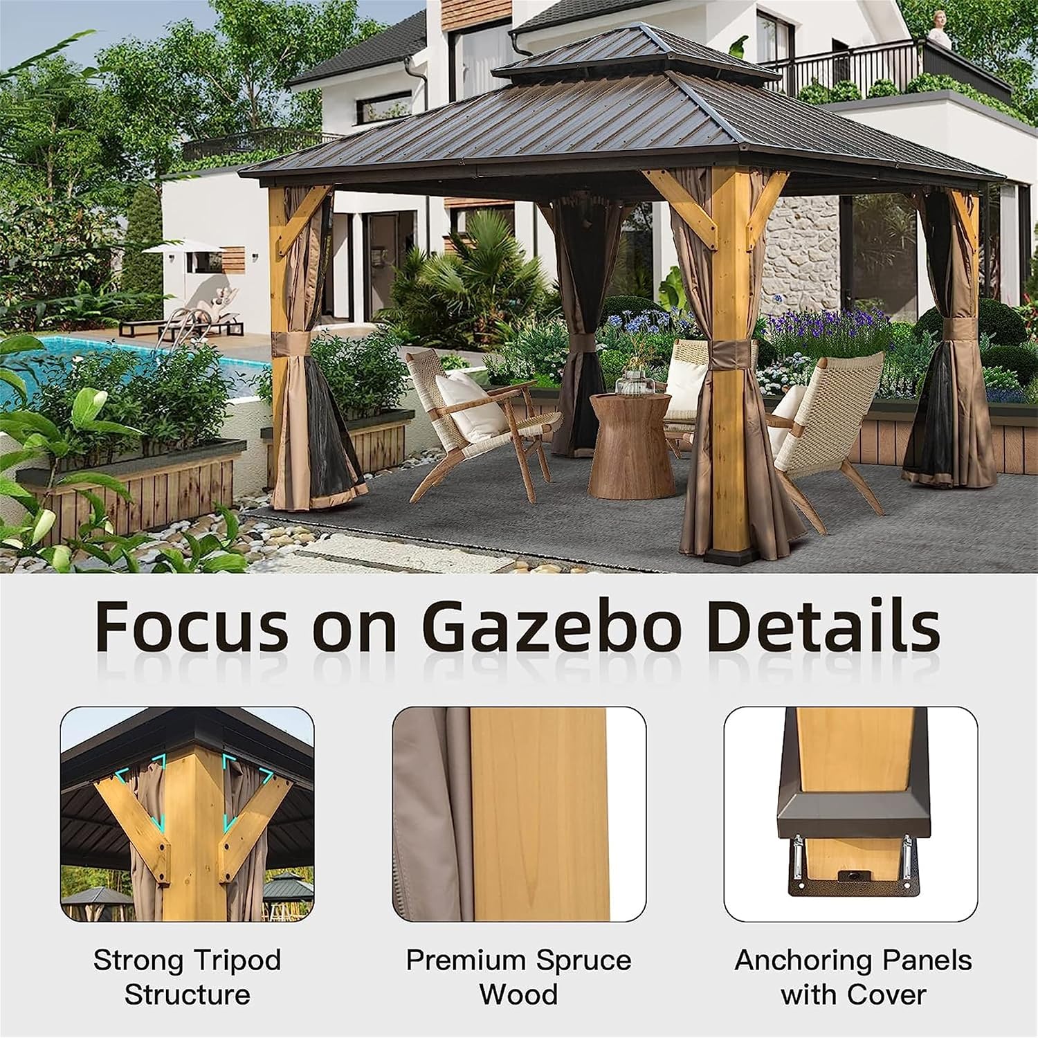 12x12Ft Hardtop Gazebo Wood Gazebo Outdoor Cedar Wood Frame with Galvanized Steel Double Roof Outdoor Permanent Metal Pavilion with Curtains and Netting for Patio Backyard Lawn, Brown