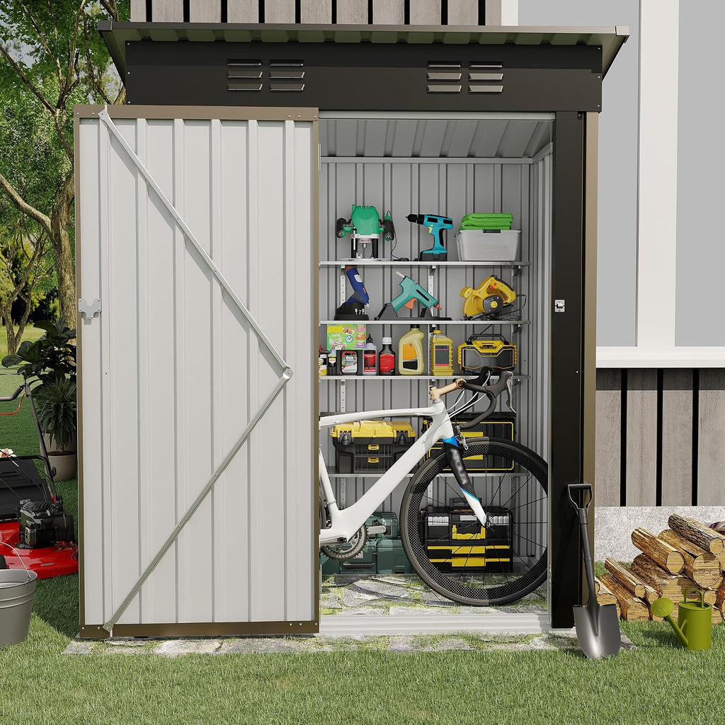 Garvee Metal Tool Shed with Single Door - Slanted Roof, Small Size, 5x3FT, Garden Storage, Outdoor Iron Tool Storage