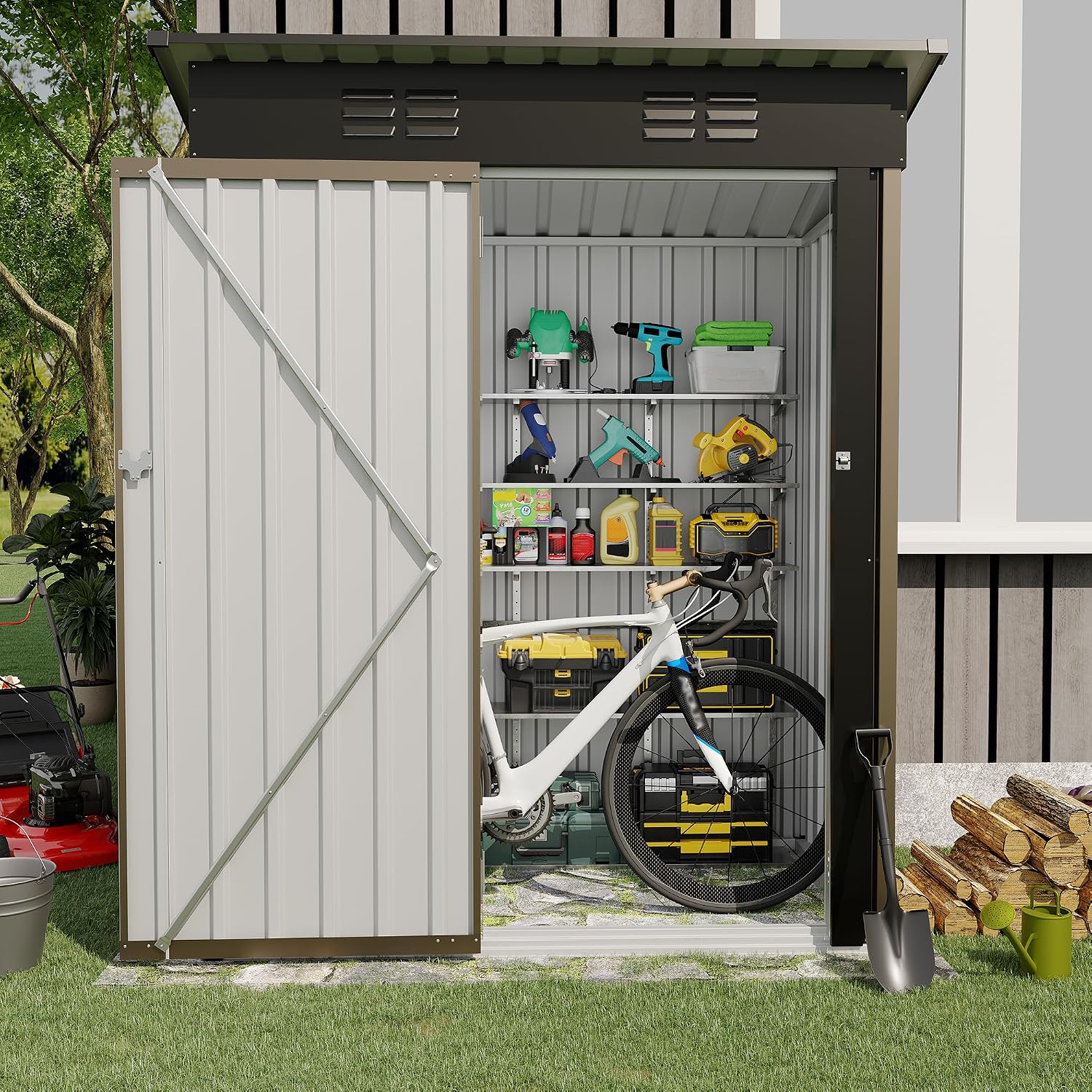 Garvee Metal Tool Shed with Single Door - Slanted Roof, Small Size, 5x3FT, Garden Storage, Outdoor Iron Tool Storage