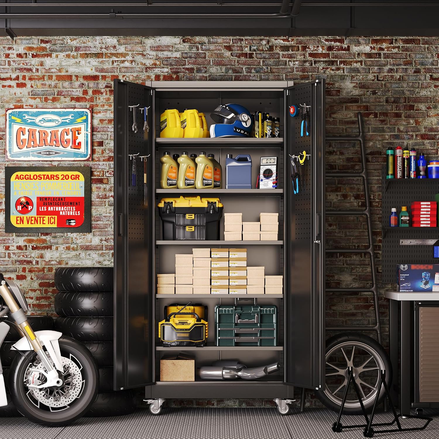 Garage Storage Cabinet with Wheels and Pegboard, 71' H x 32' W x 16' D Lockable Metal Storage Cabinet with 5 Adjustable Shelves and 2 Doors for Garage Home, Assembly Required, Black