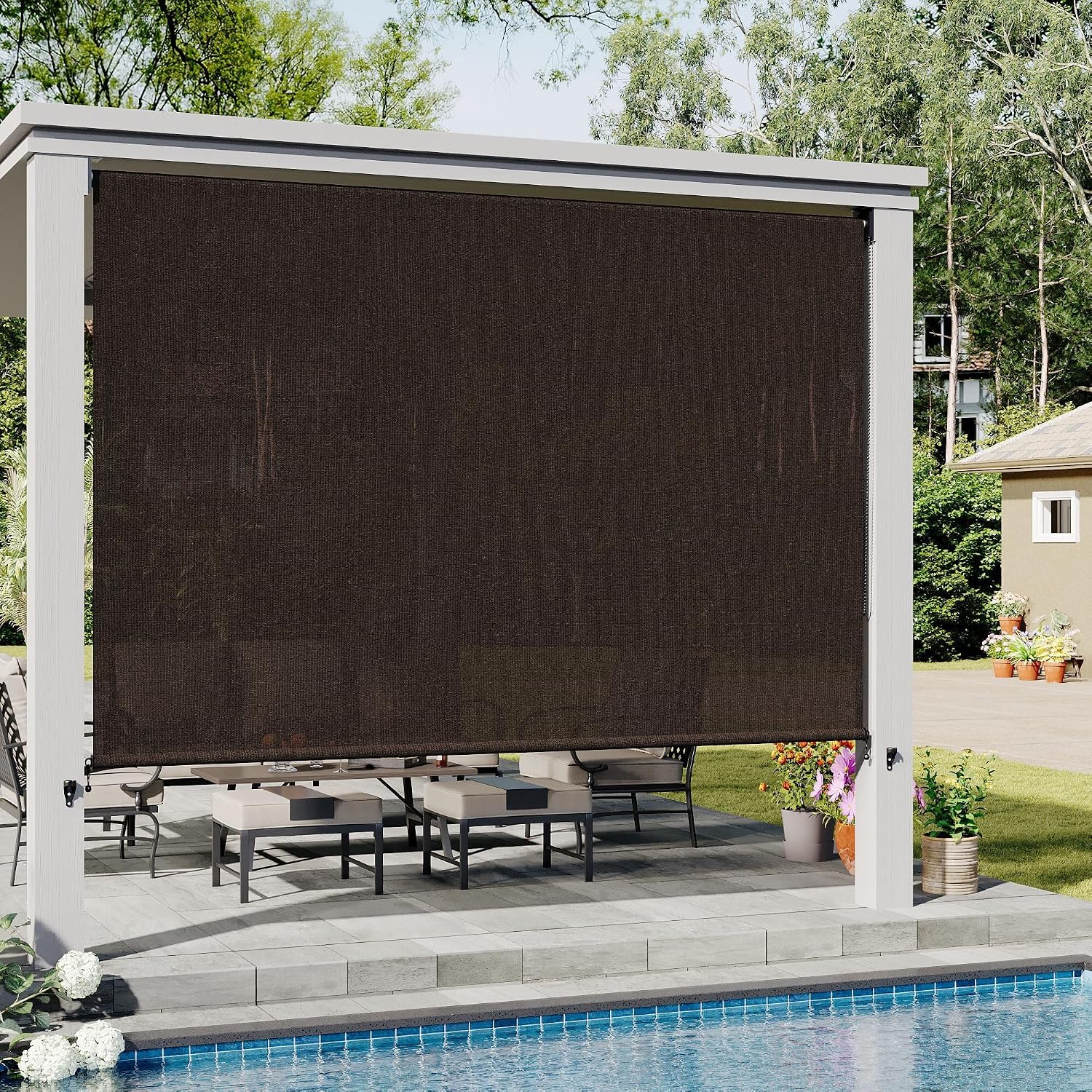 VICLLAX Outdoor Roller Shade (10' W×8' L), Patio Corded Roller Blinds, Exterior Roll Up Shade with Spliced Design for Patio Porch Gazebo, Chocolate