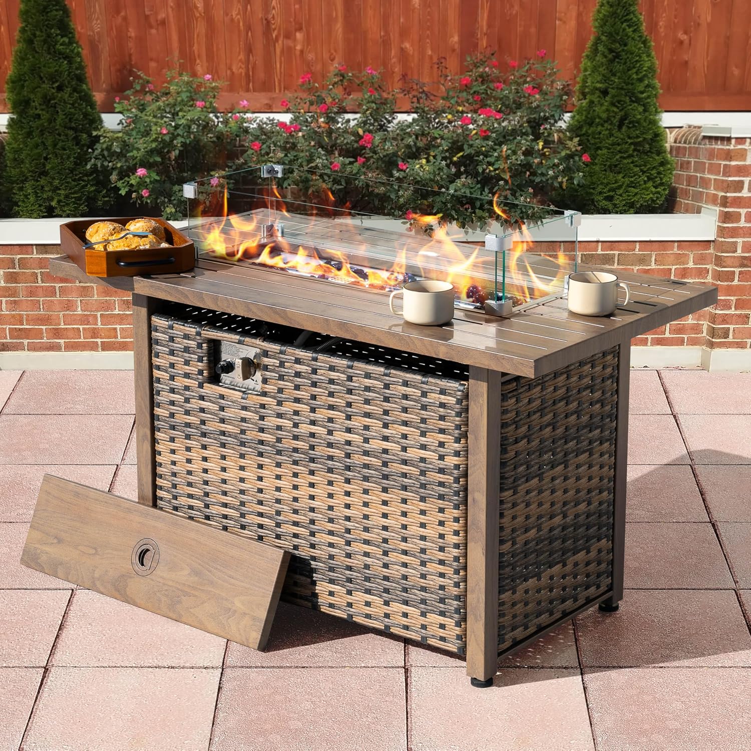Nuu Garden 43' Propane Fire Pit, CSA-Listed Outdoor Fire Pit Table, 50000 BTU Gas FirePit with Lid, Glass Wind Guard, Glass Beads, 2-in-1 Rectangular FirePit for Outside Backyard, Brown