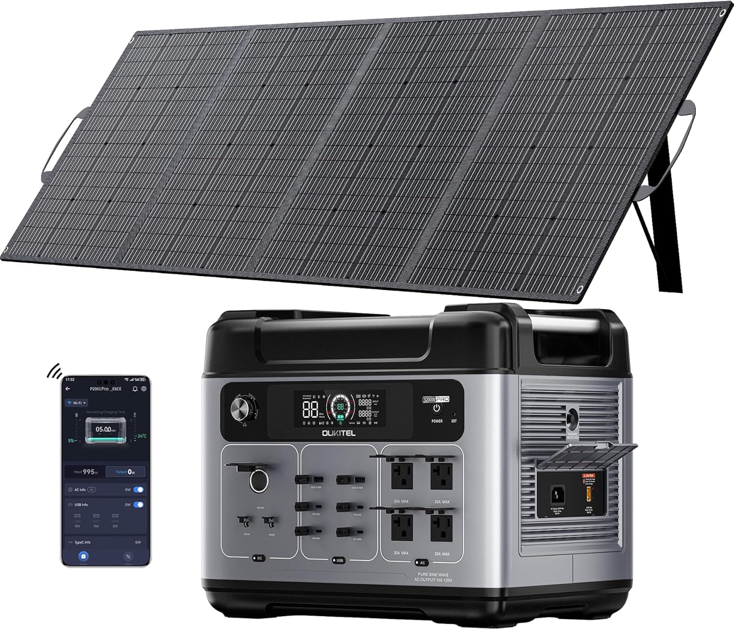 OUKITEL P2001 Pro 3200W/2048Wh Power Station With 400W Solar Panel, Solar Generator with 4 AC Outlets (6400W Peak), 1.5H Full Charging, APP Control Battery Backup for Home, Camping