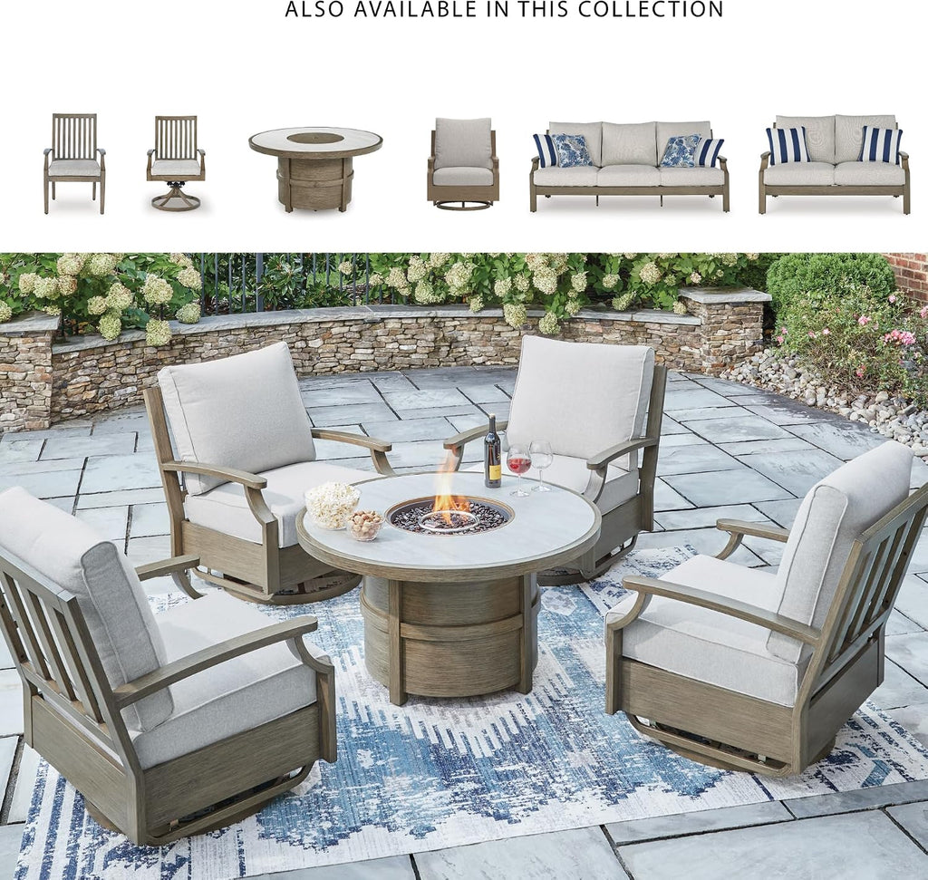 Signature Design by Ashley Rainier Ranch Contemporary Sintered Stone Tabletop Outdoor Fire Pit Table with Pedestal Base, Light Brown & Beige