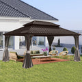 Hardtop Gazebo 10x14FT, Aluminum Outdoor Gazebo with Galvanized Steel Double Roof Canopy, Curtains and Nettings, Metal Gazebo Permanent Pavilion for Patio Wedding, Party, Outdoor Dining, Brown
