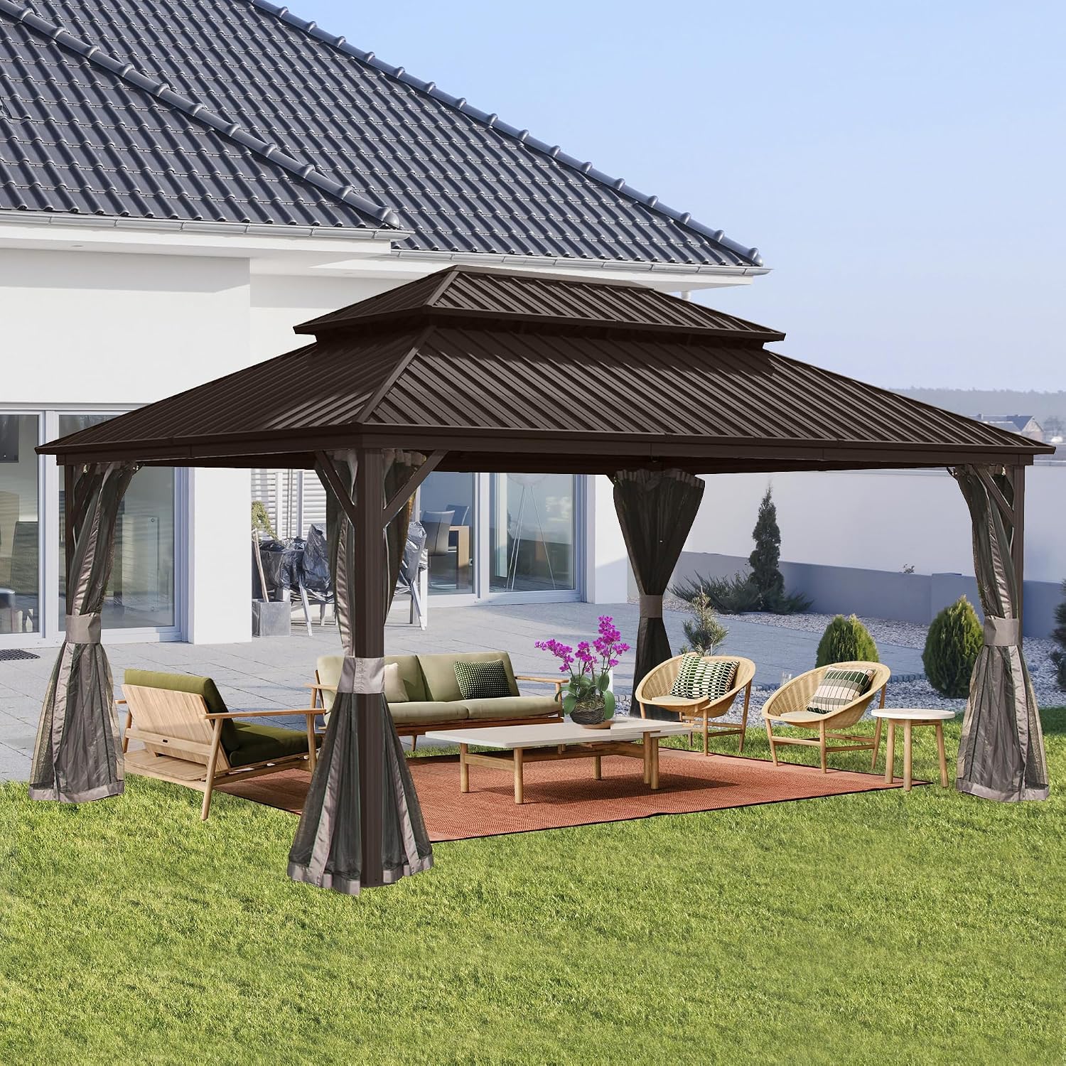 Hardtop Gazebo 10x14FT, Aluminum Outdoor Gazebo with Galvanized Steel Double Roof Canopy, Curtains and Nettings, Metal Gazebo Permanent Pavilion for Patio Wedding, Party, Outdoor Dining, Brown