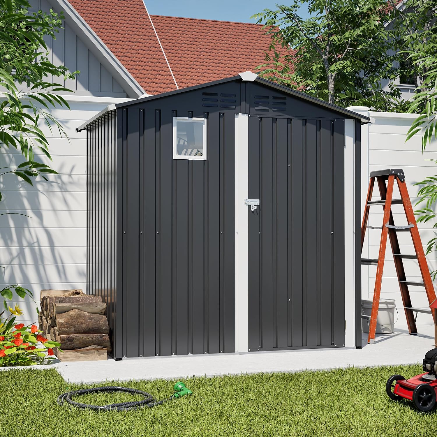6x4 FT Shed Outdoor Storage Metal Large Garden Tool Sheds with Lockable Doors Gable Roof Window Waterproof Utility Equipment Sheds for Backyard Patio Lawn, Grey (No Floor Frame)