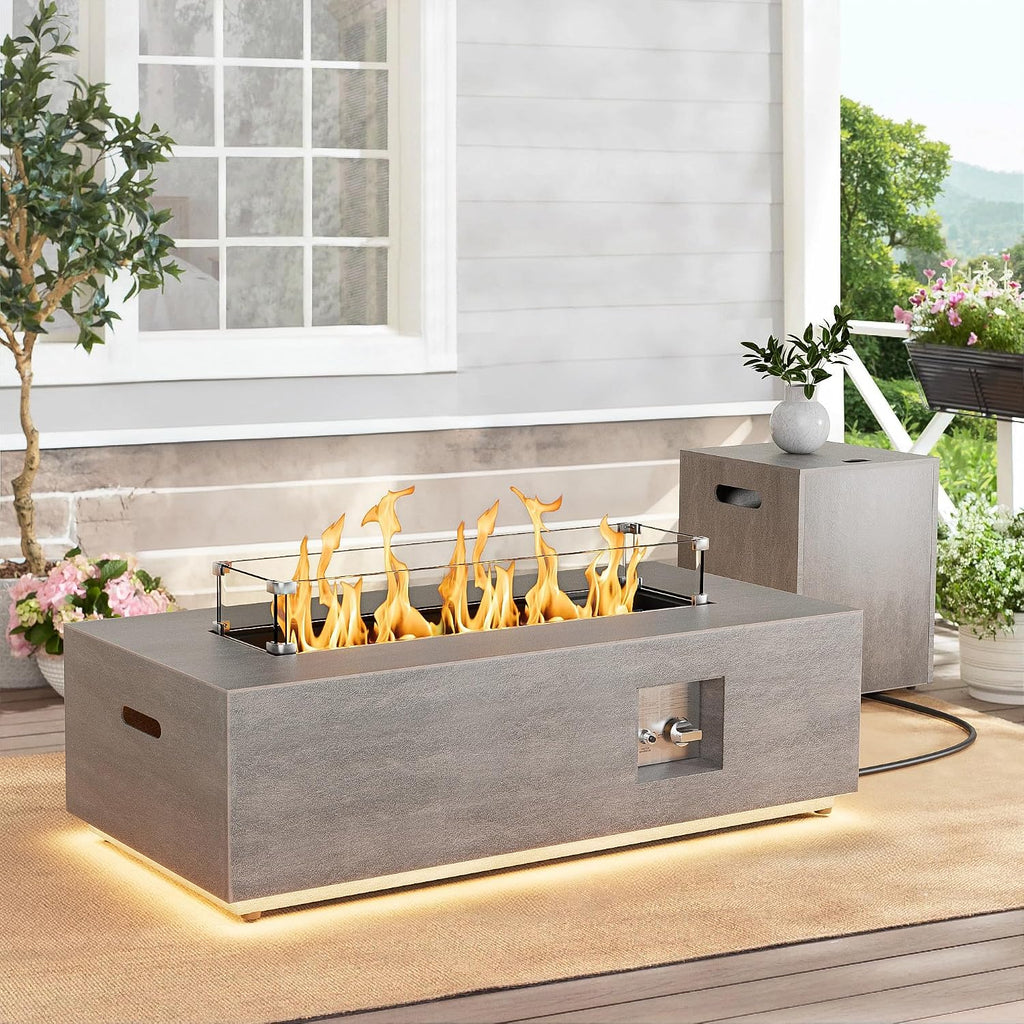 SUNPEAK 42' Modern Fire Pit Table with LED Light 50,000 BTU Deck Fire Pit Table Includes Wind Guard, Lid, Rocks & Cover - Propane Gas Patio Fireplace, Chimenea para Patio (Grey/Golden Light, 42' LED)