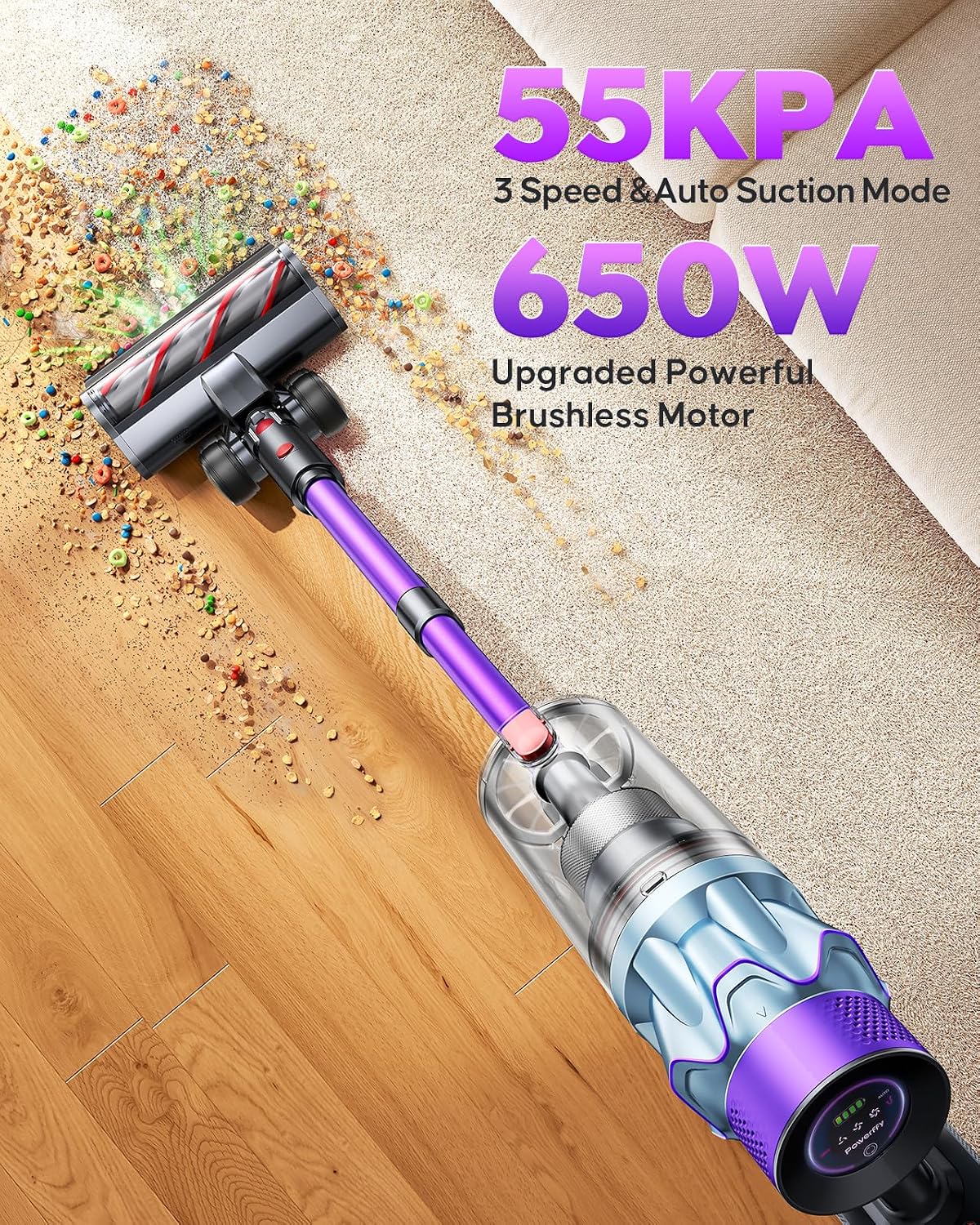 Cordless Vacuum Cleaner 70min/650W/55KPA Self-Standing Vacuum Cleaners for Home with 3.3Ft Hose & Auto Mode, Wall Mount Charging Stick Vacuums with Fragrance Dust-Scraper for Hardwood Floor/Car/Pet