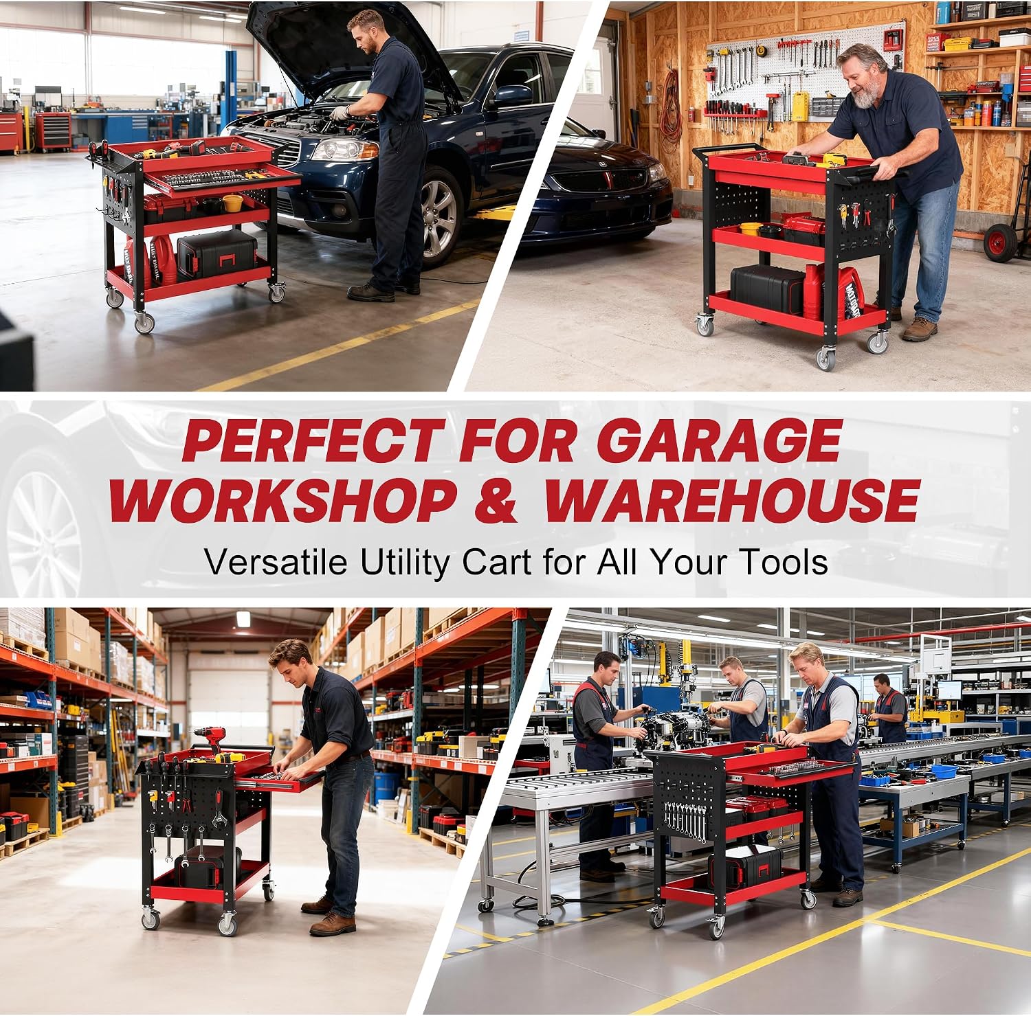 3 Tier Tool Cart on Wheels, Heavy Duty Metal Rolling with Drawers and Pegboards, 660 LBS Load Capacity Tool Storage Cart, Industrial Utility for Garage, Warehouse, Workshop