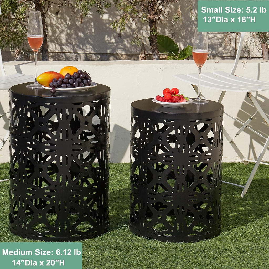 Y&M Set of 3 Garden Black Accent Decorative Stool, Nesting Metal Round Coffee Table, Black End Tables, Heavy Duty Meta Plant Stand Decorative Garden Stool, Outdoor Multifunctional Use