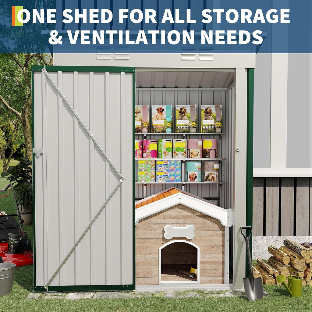 Garvee Metal Tool Shed with Single Door - Slanted Roof, Small Size, 5x3FT, Garden Storage, Outdoor Iron Tool Storage
