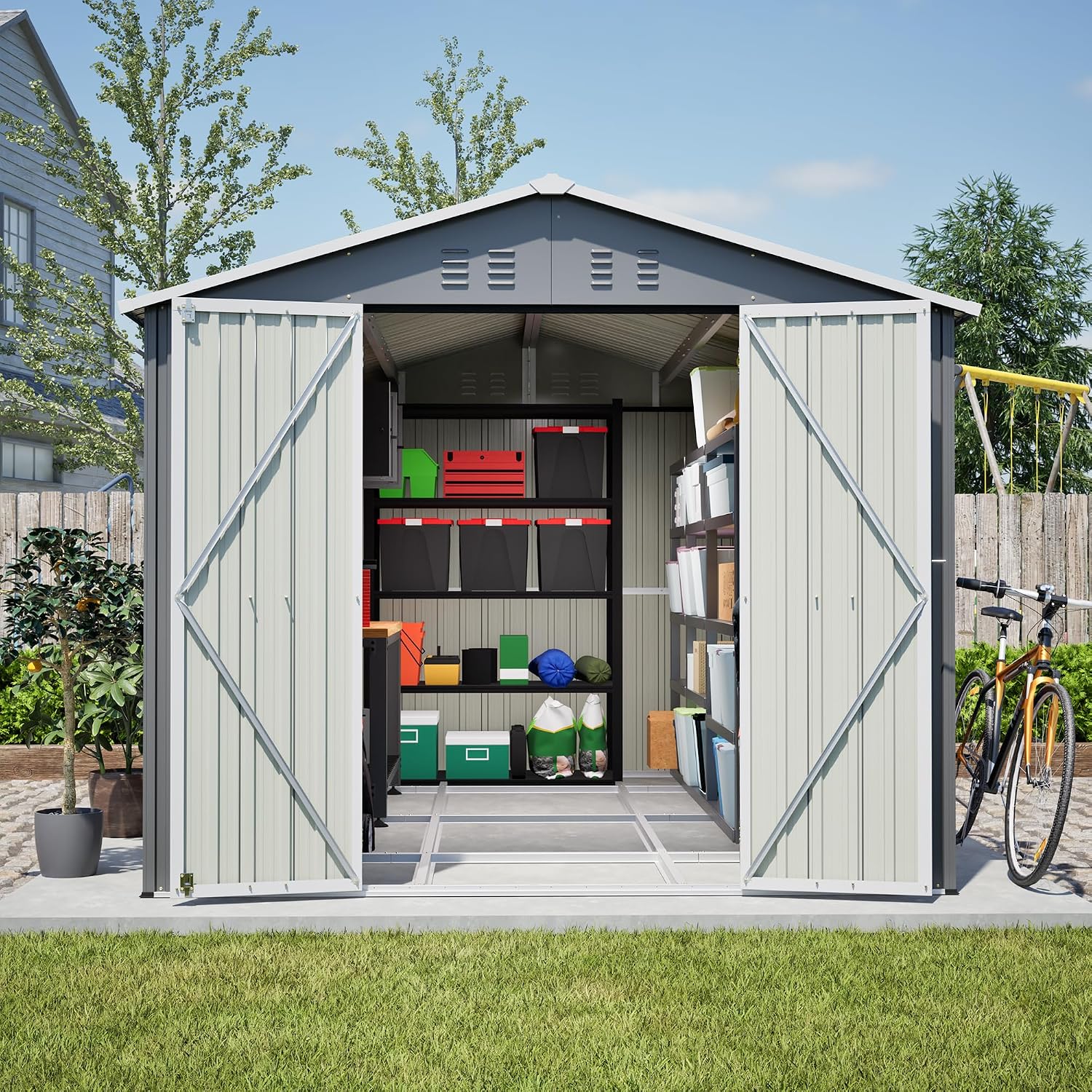 8x12 FT Shed Outdoor Storage Metal Large Garden Tool Sheds with Lockable Doors Floor Frame Gable Roof Waterproof Steel Utility Equipment Sheds for Backyard Patio Lawn Poolside, Grey