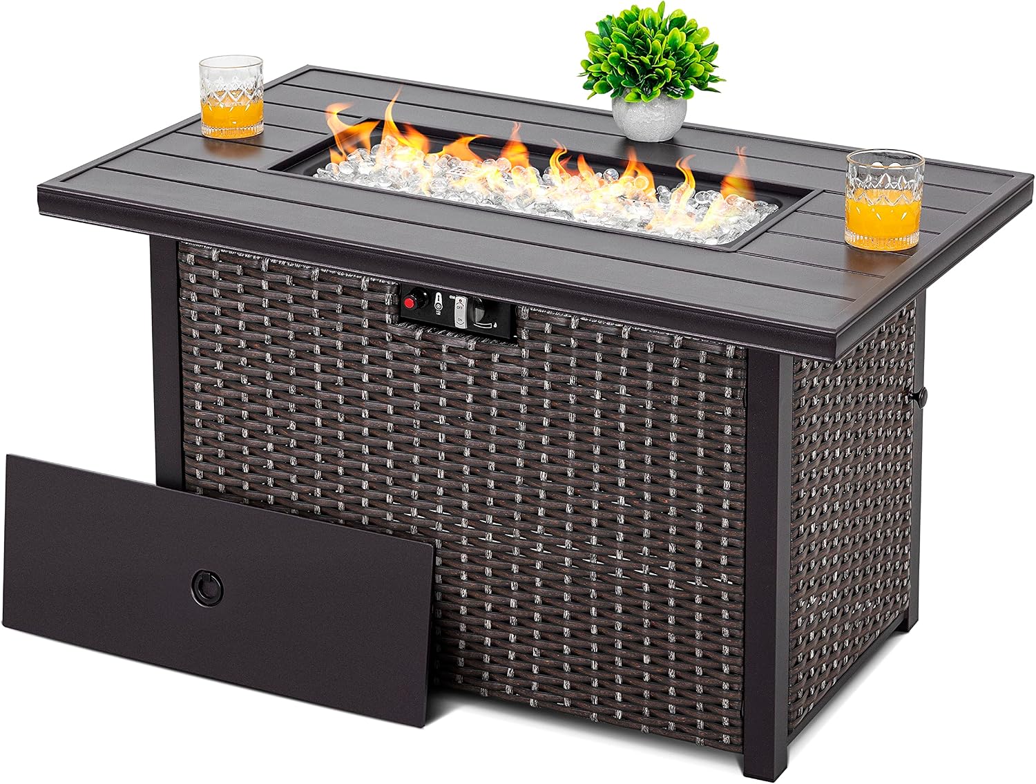 Nuu Garden 43' Propane Fire Pit Table, 50,000 BTU CSA Certified Outdoor Gas Fire Pit with Aluminum Tabletop, Removable Lid, 7 lbs Glass Rocks & Waterproof Oxford Cover, Brown