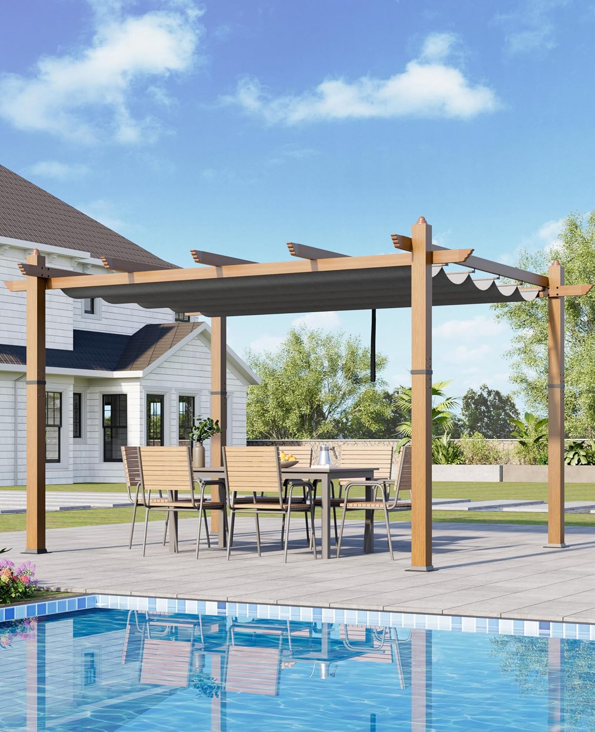 GarveeLife 10x13 ft Outdoor Pergola with Retractable Canopy Upgraded Outdoor Aluminium Pergola, Faux Wood Grain Metal Patio Gazebo for Modern Backyard Deck for Porch, Awning, Grape Trellis, Grey