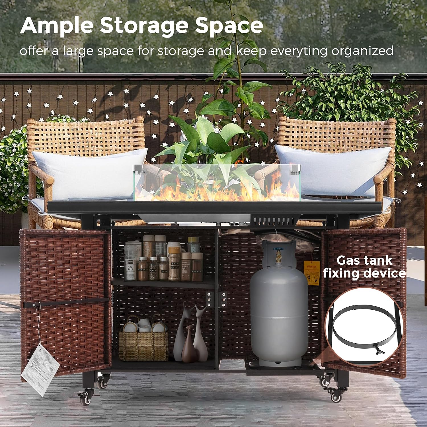 43 Inch Outdoor Fire Table with Ceramic Tile Tabletop Propane Fire Pit Table 60,000 BTU Gas FirePit CSA Certified Wicker Rattan Fire Table with Lid Glass Rock Wheels Waterproof Cover Gloves