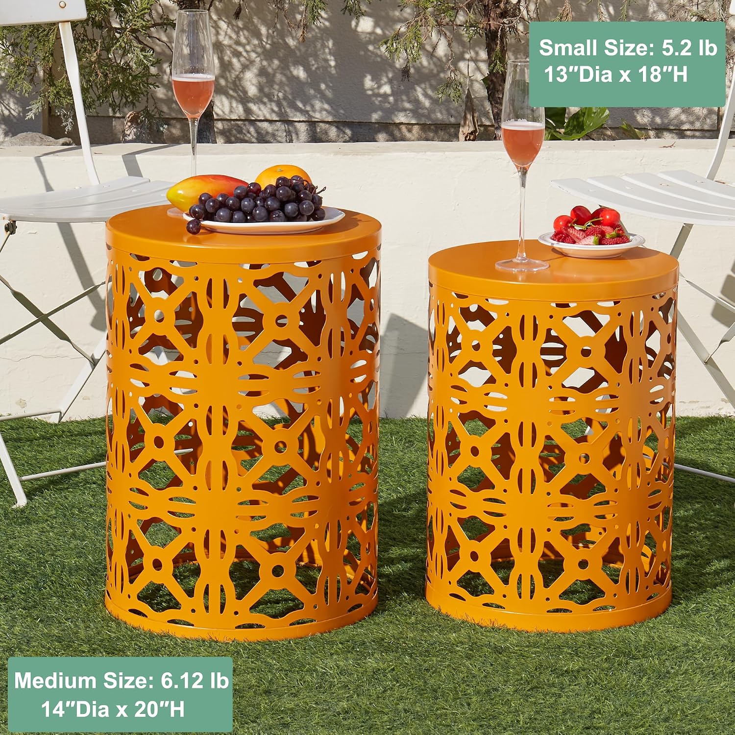 Y&M Metal Round Table, Coffee Table End Patio Table for Indoor Outdoor Multifunctional Use, Heavy Duty Metal Plant Stand Decorative Garden Stool Set of 3 - Orange