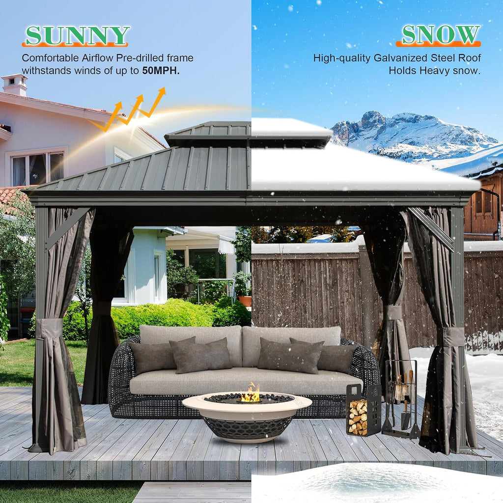 Domi 10x12FT Hardtop Gazebo, Outdoor Gazebo with Double Galvanized Steel Roof, Metal Pavilion Shelter for Patio, Lawn and Garden, Detachable Curtain and Netting Included, Gray