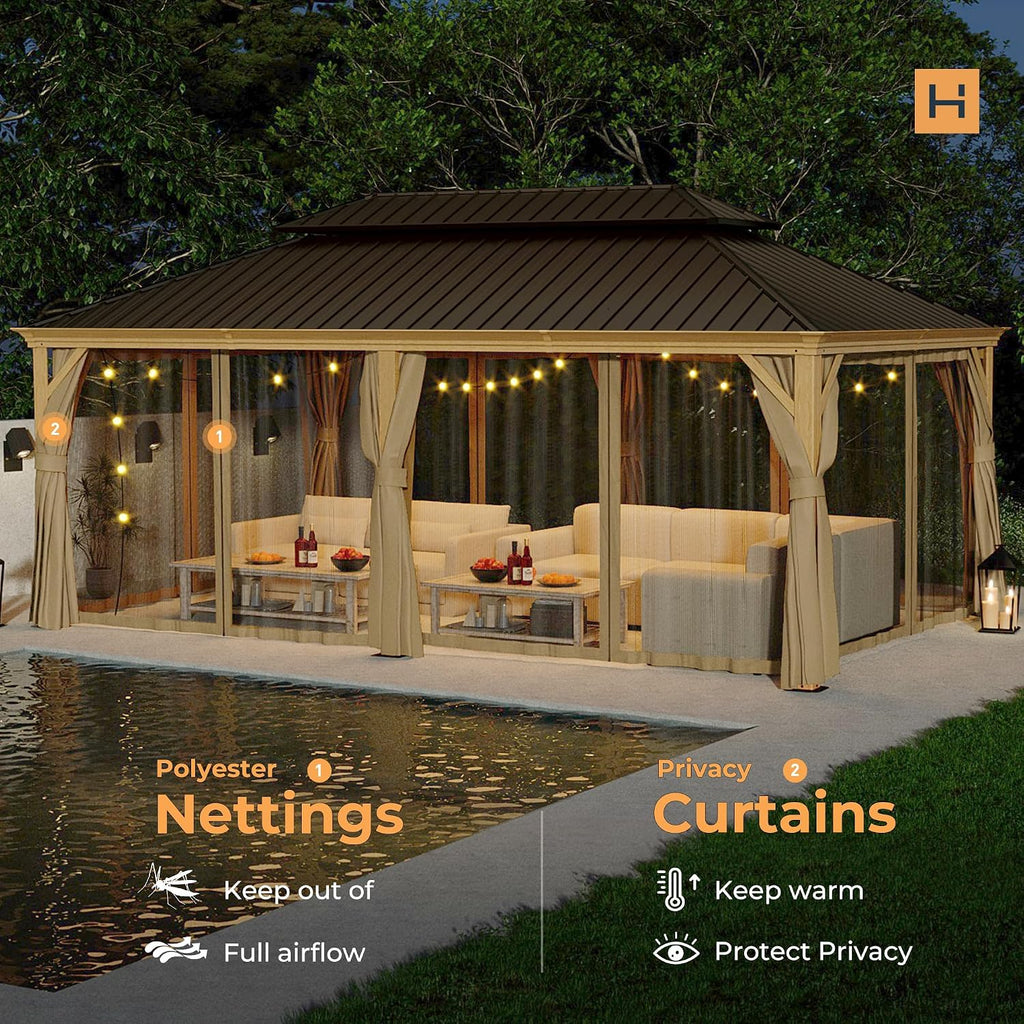 HAPPATIO 12' x 20' Hardtop Gazebo, Outdoor Wood Grain Aluminum with Galvanized Steel, Patio Double Roof Permanent Metal Gazebo Canopy with Netting and Curtains for Backyard, Patio, Deck (Brown)