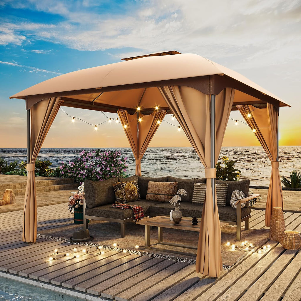 LAUSAINT HOME 10'x10' Patio Curved Gazebo Outdoor Canopy Tent, 2025 Party Tent Shelter with Expansion Bolts and Wind-Resistant Ropes for Patios, Garden, Backyard and Lawn, Khaki