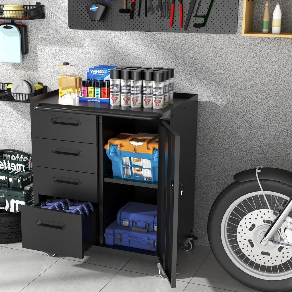Mobile Tool Storage Cabinet with 4 Drawer and 1 Locking Doors,Heavy Duty Rolling Tool Cabinets for Garage,Metal Storage Cabinets Tool Cart on Wheels with Wheels,Assembly Required