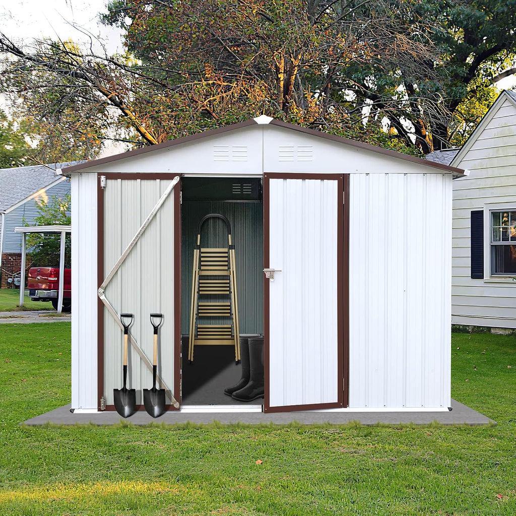 8x10 FT Metal Storage Shed, Outdoor Storage Shed with Apex Roof, Lockable Door for Garden, Backyard, Lawn, and Utility Shelter, Weather-Resistant, Easy to Set Up, White and Coffee