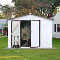 8x10 FT Metal Storage Shed, Outdoor Storage Shed with Apex Roof, Lockable Door for Garden, Backyard, Lawn, and Utility Shelter, Weather-Resistant, Easy to Set Up, White and Coffee