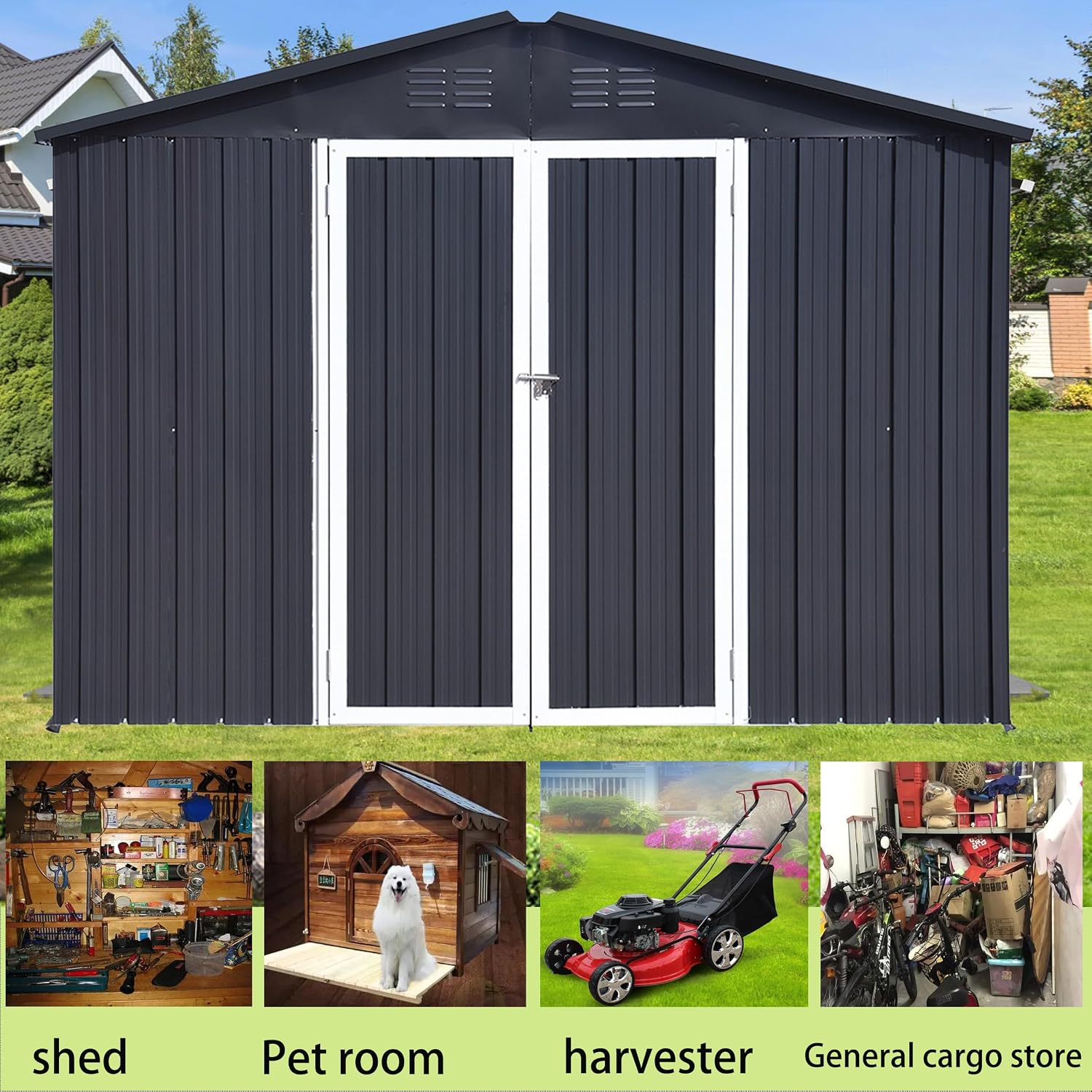 Shed with Windows,Large Metal Outdoor Storage Shed, Lockable Tool Storage shed, Steel Garden shed, Suitable for Backyard, Terrace, and Poolside (Dark Grey, 10FTx8FT)