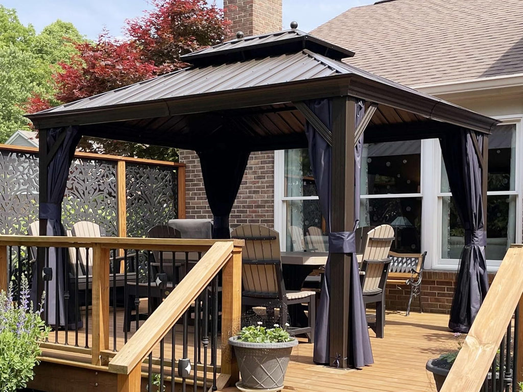 PURPLE LEAF 10' x 12' Hardtop Gazebo Outdoor Metal Roof Sun Shade Tent with Curtains and Netting Patio Canopy Permanent Pavilion