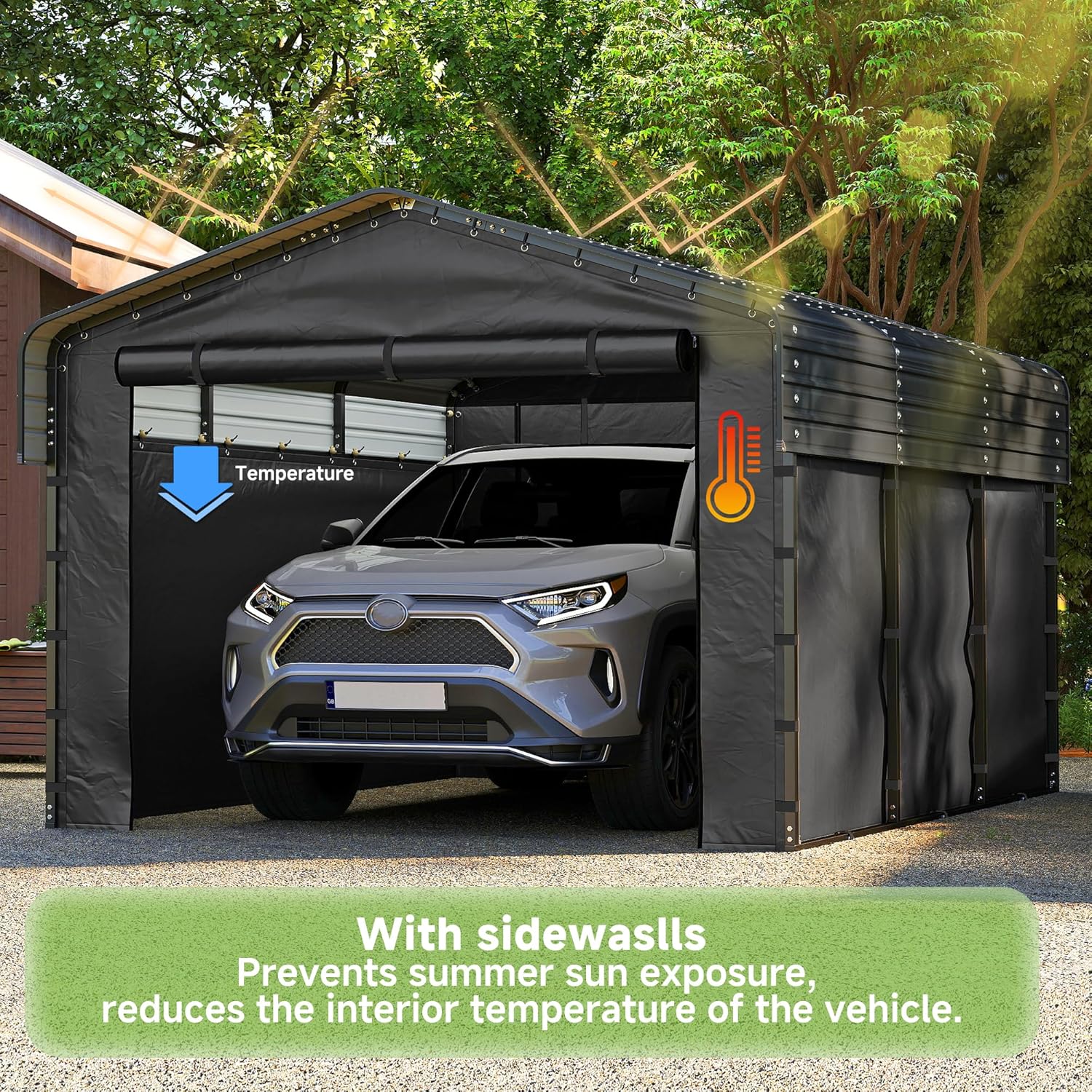 10x15FT Heavy Duty Metal Carport,Outdoor Garage with Removable Sidewalls & Doors, Heavy Duty Steel Frame and Galvanized Roof for Cars and Boats, Gray