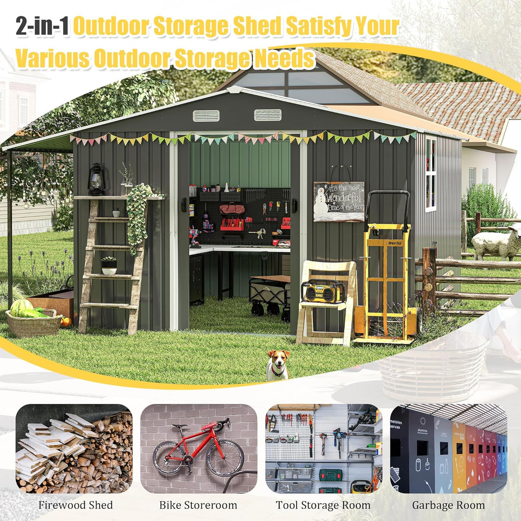 10x12 FT Outdoor Storage Shed with Sliding Lockable Doors&Windows, Extra Large Metal Shed with Dual-Zone Design, Galvanized Steel Utility Shed for Garden, Backyard,Tool Storage (Dark Gray, 10×12 FT)