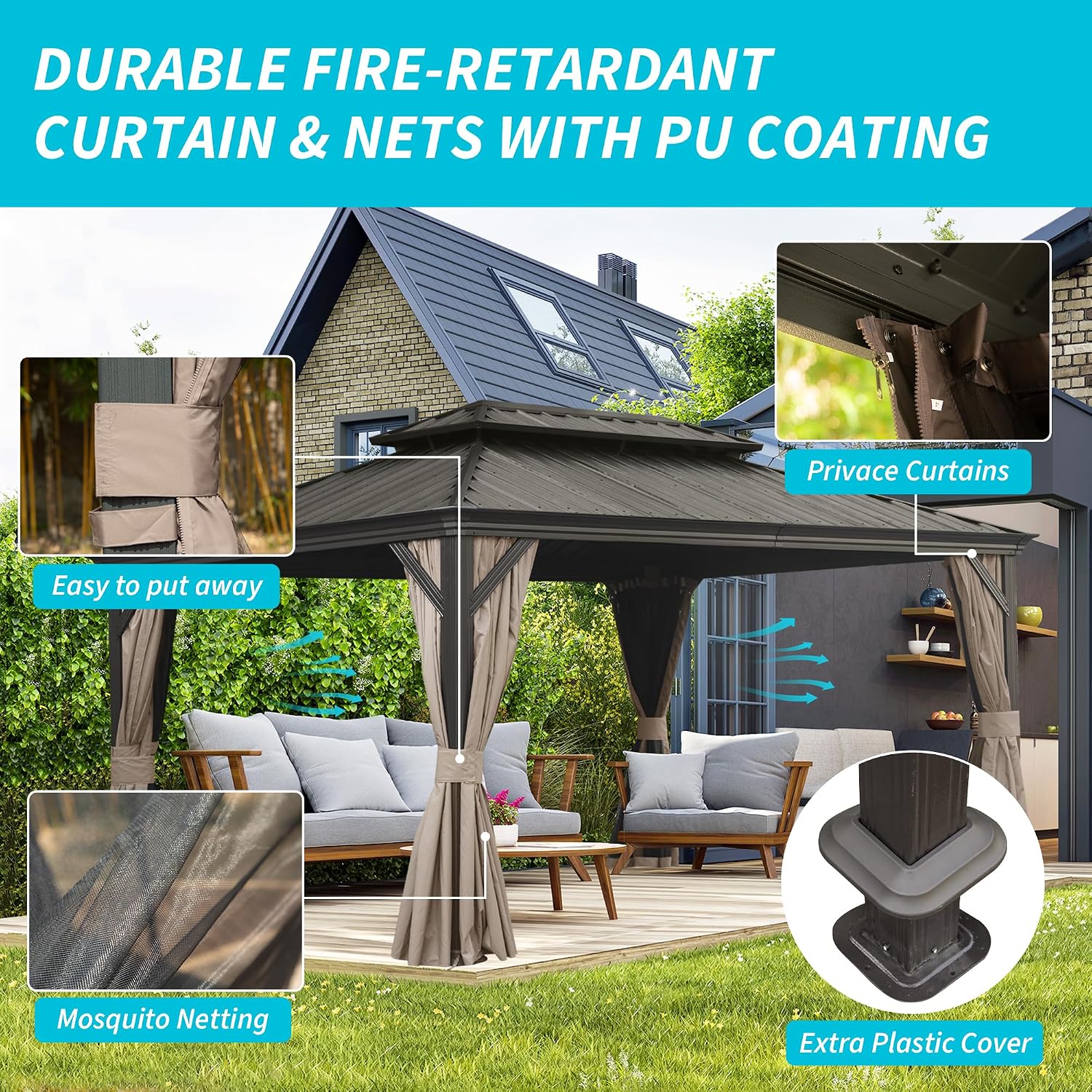 LifeSky 12x16FT Hardtop Gazebo: Metal Outdoor Shelter with Drainage System & Galvanized Steel Roof - Detachable Curtains & Netting for Patio Garden Backyard Use by Vacation Rental Owners
