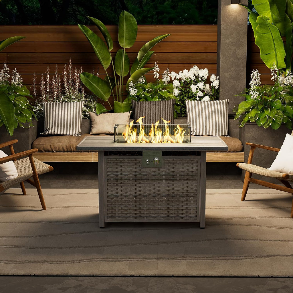 Dineli 43-Inch Rectangular Propane Fire Pit Firepits for Outside Patio Fire Pit Table, Gas Fire Pits with Adjustable Feet, Tabletop Fire Pits for Backyard Deck Balcony, 50,000 BTU, Light Brown