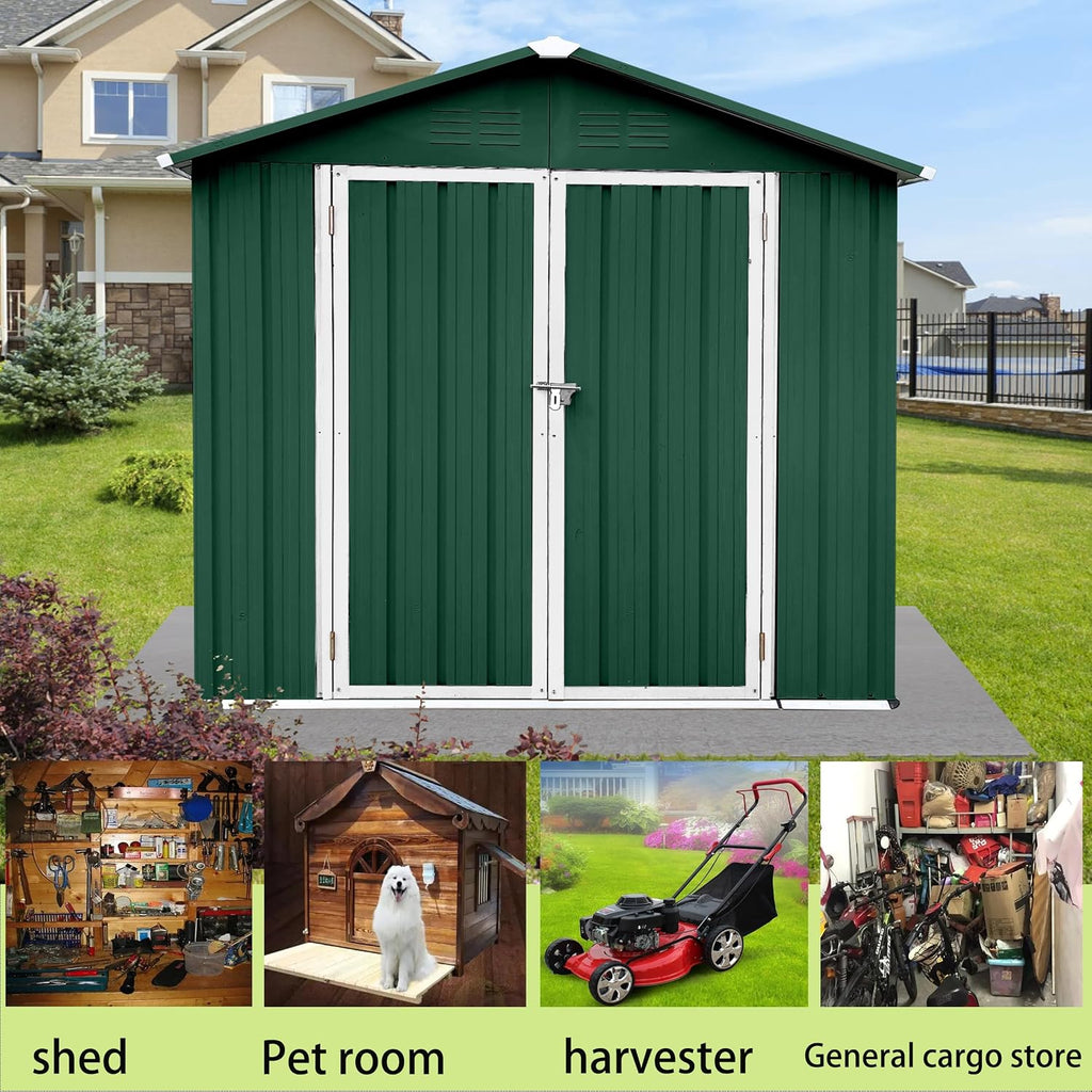 Shed with Windows,Large Metal Outdoor Storage Shed, Lockable Tool Storage shed, Steel Garden shed, Suitable for Backyard, Terrace, and Poolside (Roof Green+White, 6FTx4FT)