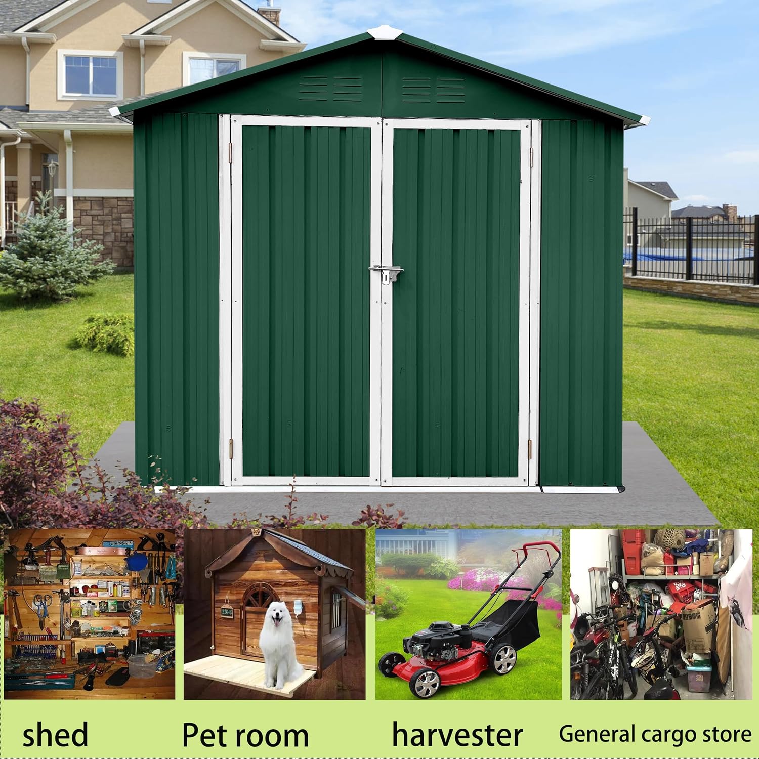 Shed with Windows,Large Metal Outdoor Storage Shed, Lockable Tool Storage shed, Steel Garden shed, Suitable for Backyard, Terrace, and Poolside (Roof Green+White, 6FTx4FT)