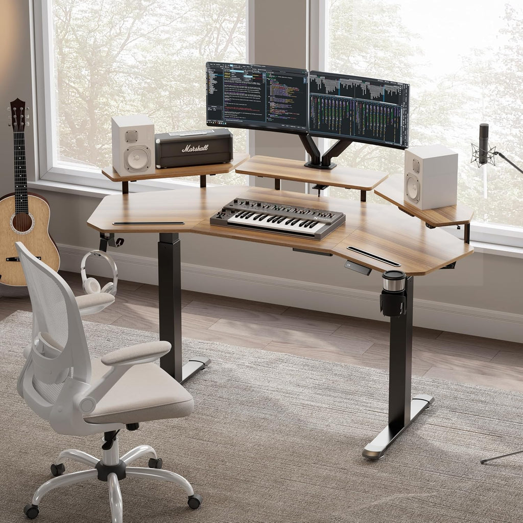 EUREKA ERGONOMIC Standing Gaming Desk with Dual Motor,63' Wing Shaped Computer Desk w Mouse Pad, Electric Adjustable Height Table w LED Monitor Stands,Slot Design,Walnut