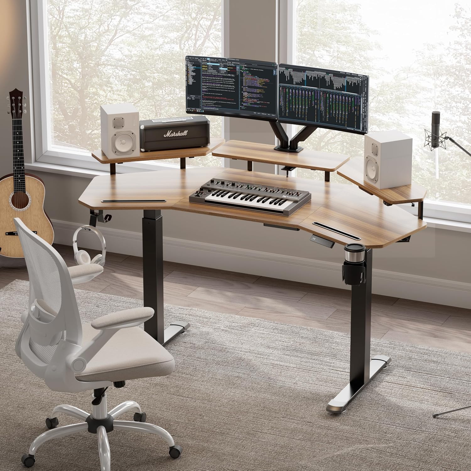 EUREKA ERGONOMIC Standing Gaming Desk with Dual Motor,63' Wing Shaped Computer Desk w Mouse Pad, Electric Adjustable Height Table w LED Monitor Stands,Slot Design,Walnut