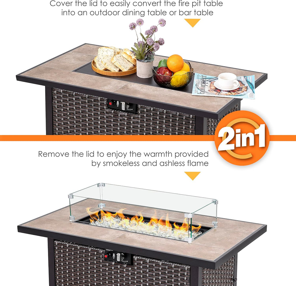 Nuu Garden Outdoor 43 Inch 50,000 BTU Propane Gas Fire Pit Table, Ceramic Tabletop, Water Proof Oxford Cover, Glass Fire Pit Wind Guard, Glass Beads, Lid Included, Dark Brown and Coffee