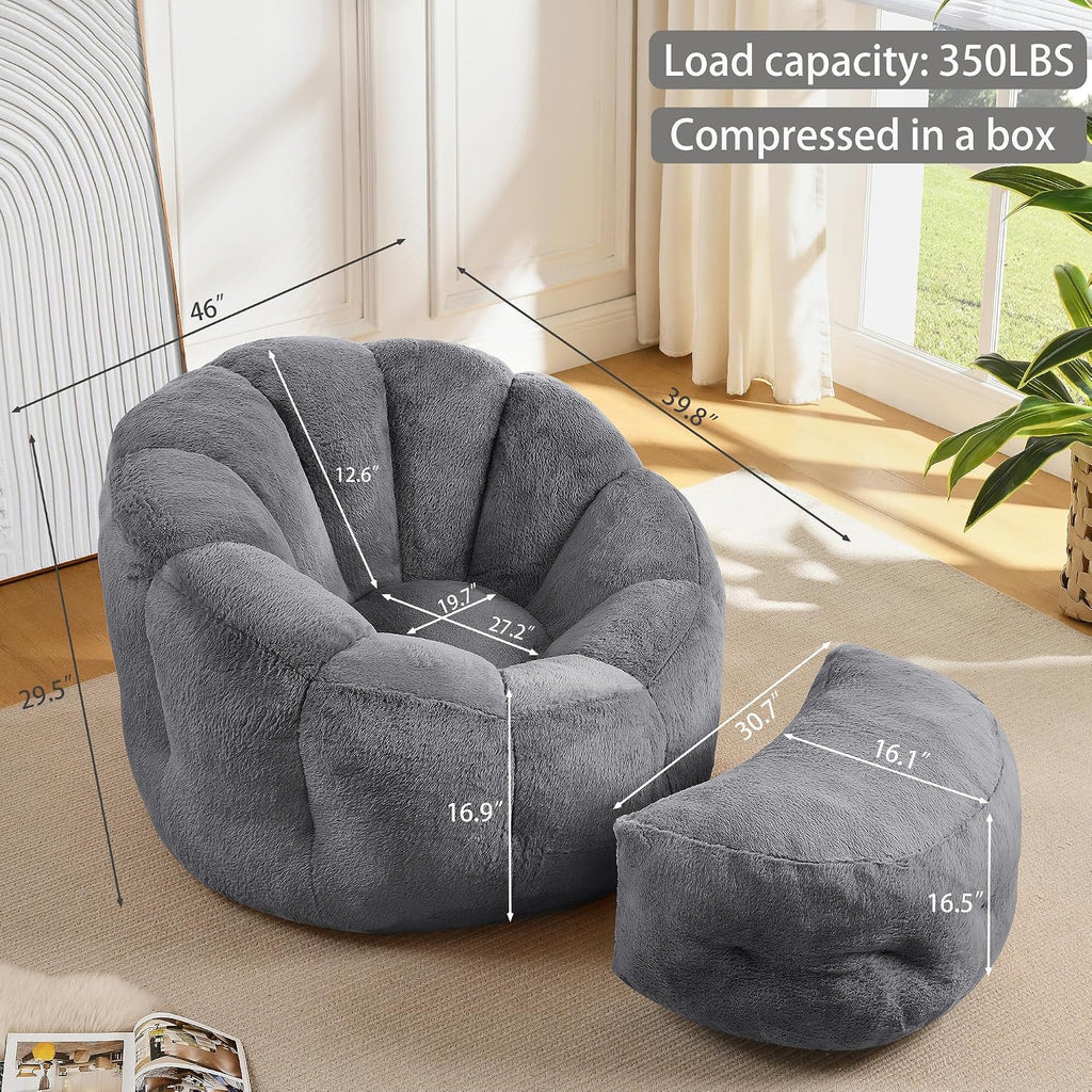 Bean Bag Chair with Ottoman, Flower Bean Bag Chairs for Adults and Teens, Comfy Plush Faux Fur Reading Chair for Living Room, Bedroom, Apartment, Dorm, Grey