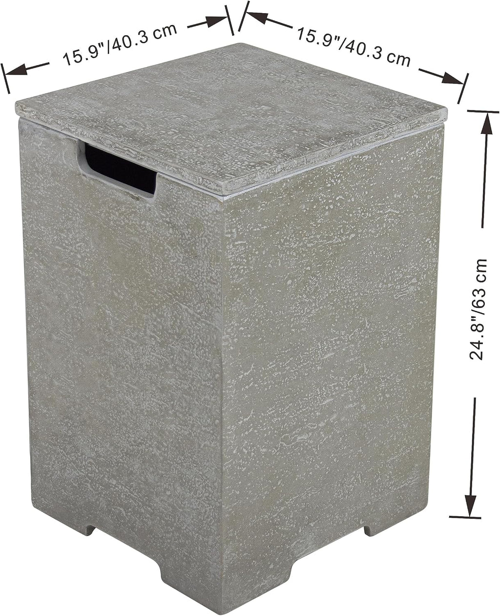 AMS Fireplace | Elementi Square Travertine Tall Light Grey Propane Tank Cover | Marble Porcelain Top with Concrete GFRC Base | 15.9 × 15.9 × 24.9 inches | Suited for Positano Light Grey Fire Pit