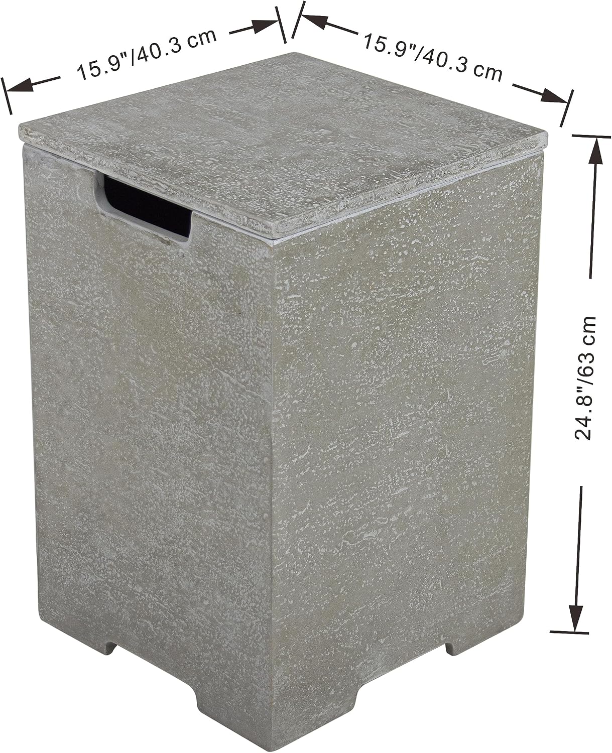 AMS Fireplace | Elementi Square Travertine Tall Light Grey Propane Tank Cover | Marble Porcelain Top with Concrete GFRC Base | 15.9 × 15.9 × 24.9 inches | Suited for Positano Light Grey Fire Pit