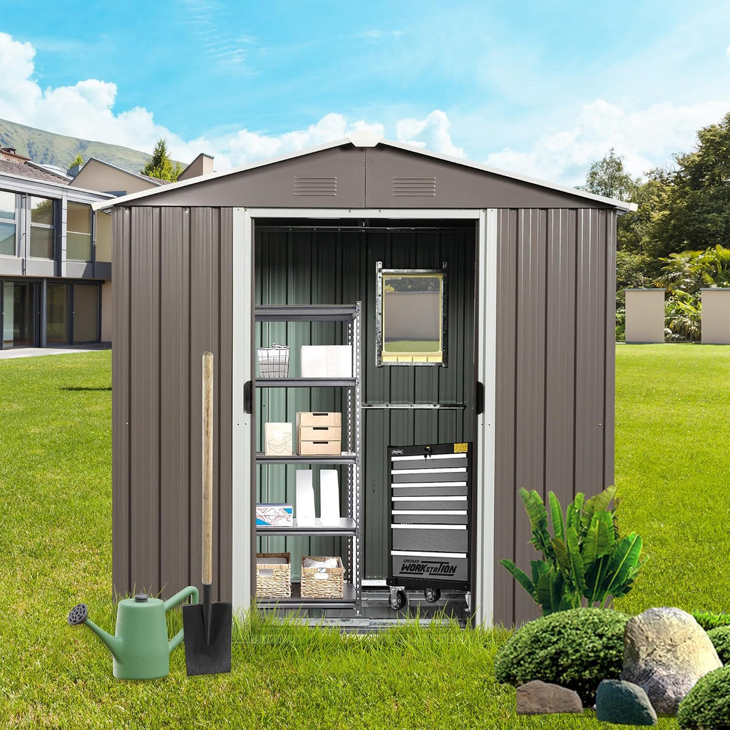 Shed with Windows,Large Metal Outdoor Storage Shed, Lockable Tool Storage shed, Steel Garden shed, Suitable for Backyard, Terrace, and Poolside (Grey, 8FTx4FT)